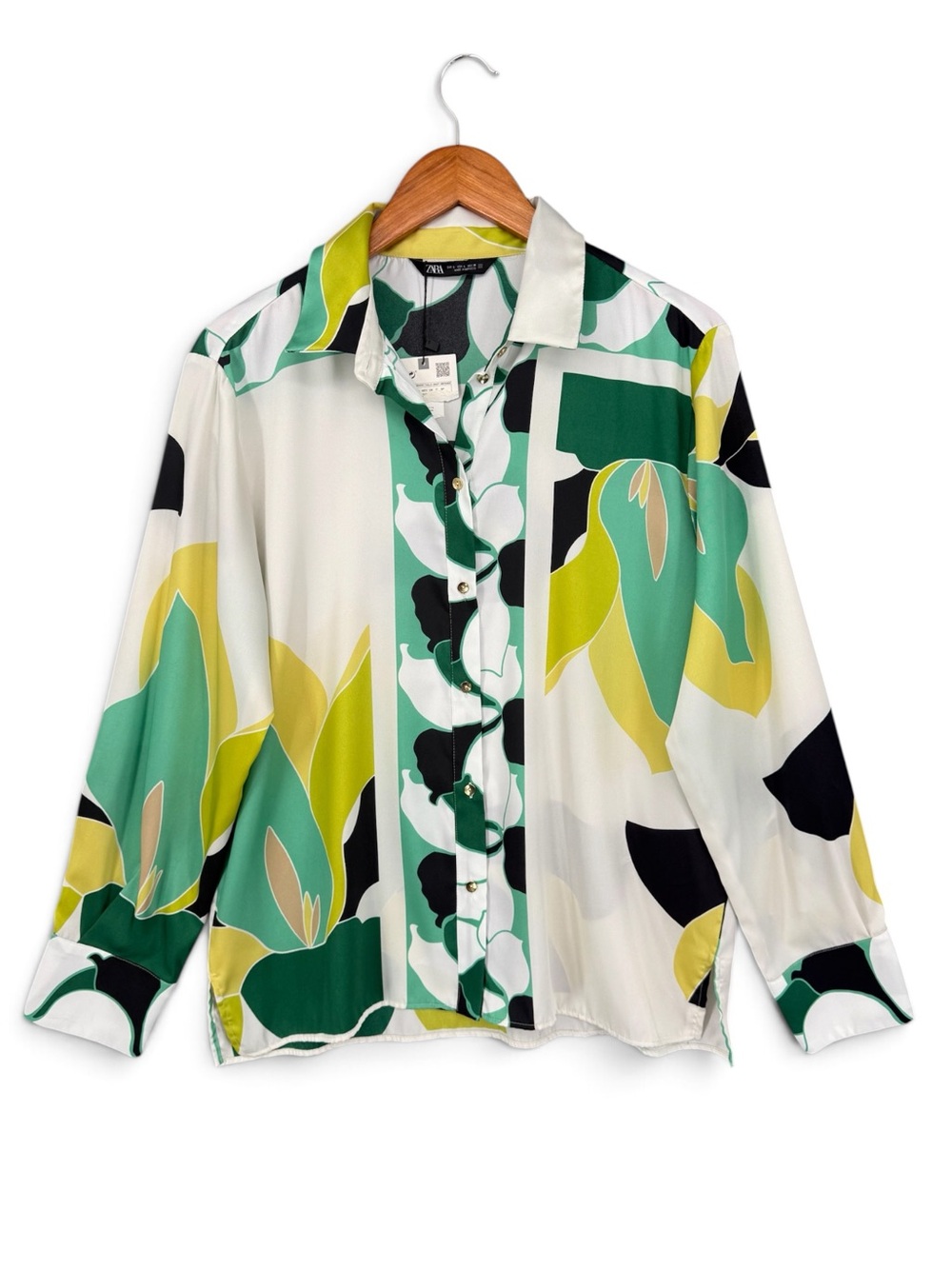 Zara Multicolored Floral Satin‑Effect Button‑Down Shirt NWT Size Large